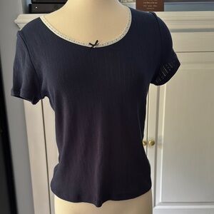 Levi's Navy Blue Short Sleeve Top with Lace Trim